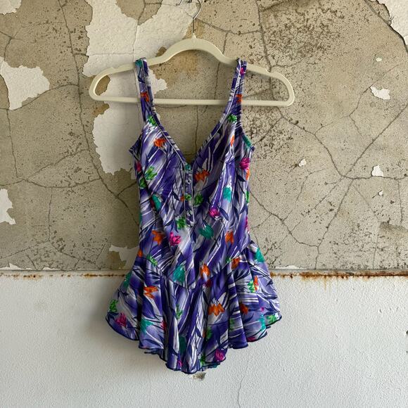 Vintage 80s 90s Floral Peplum One Piece Swimsuit M Purple Modest Pinup Skirted - Picture 2 of 8
